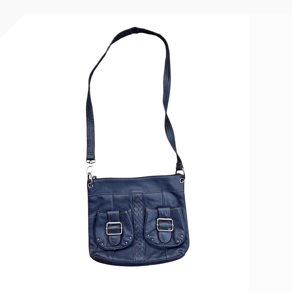Tignanello Navy Blue Leather Crossbody Bag Braided‎ Buckle Detail Messenger